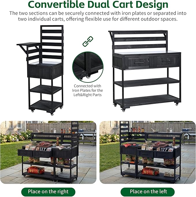 RUNNA 4-Piece Outdoor Rolling Kitchen Island with Sink w/Faucet, Solid Wood Grill Table with Storage Cabinets, Drawers, Stainless Table Top and Movable Shelves for Garden (Black#38)