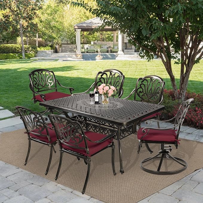 MEETWARM 7-Piece Outdoor Patio Dining Set, All-Weather Cast Aluminum Patio Conversation Set with 2 Swivel Rocker Chairs, 4 Stationary, 1 Rectangular Table, 6 Cushions, 2" Umbrella Hole, Chili Red