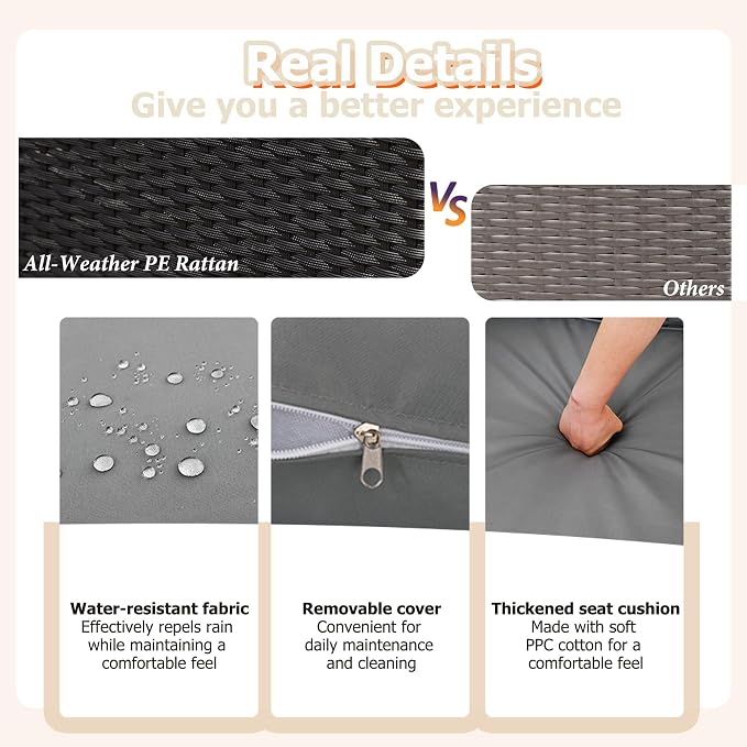 7 Pieces Patio Furniture Set - All-Weather Outdoor Rattan Sectional Conversation Sofa, Wicker Patio Seating Sofa Set with Cushion and Glass Table for Garden, Porch Poolside, Grey/Black