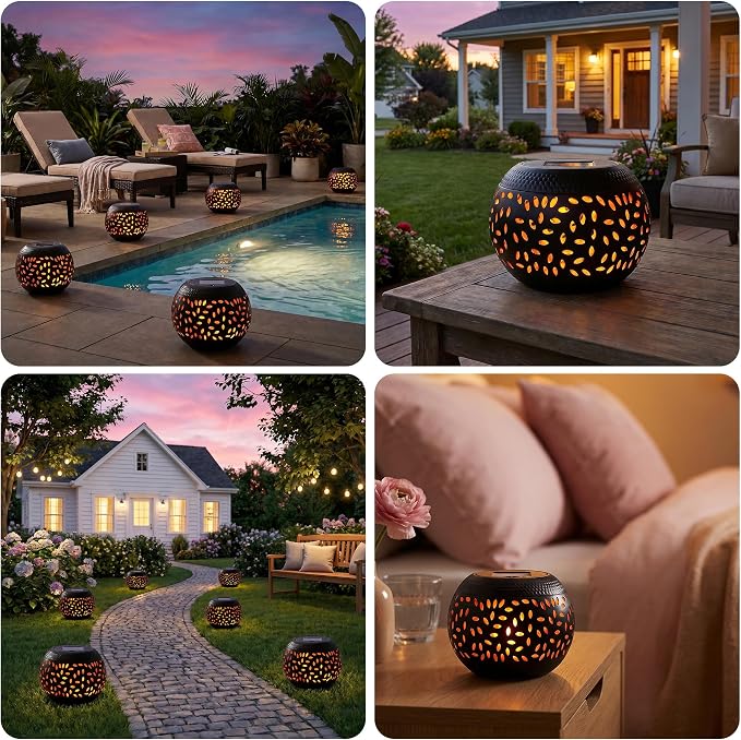 Solar Table Lights Outdoor Waterproof 2Pack Solar Flame Lantern | Dancing Flickering Flame Solar Lantern Decorative Metal Desktop Lamp for Gifts for Women Outside Garden Yard Patio & Indoor Tabletop