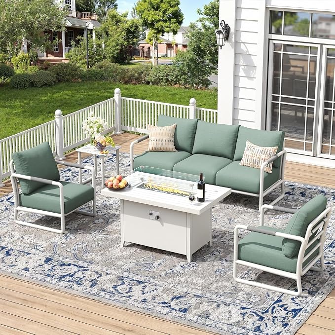 5-Seat Aluminum Patio Conversation Set, Modern Outdoor Sofa with Oversized Fire Pit Table (Glass Wind Guard), 6.5" Thick Cushions, All-Weather for Balcony, Garden (White)