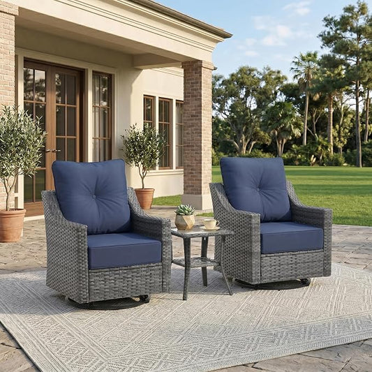 3 Piece Patio Furniture Set,360°Swivel Glider Patio Chairs Set of 2 with Outdoor Side Table, All-Weather Wicker Patio Set with 6 Inch Thick Cushions for Porch Deck Balcony Garden