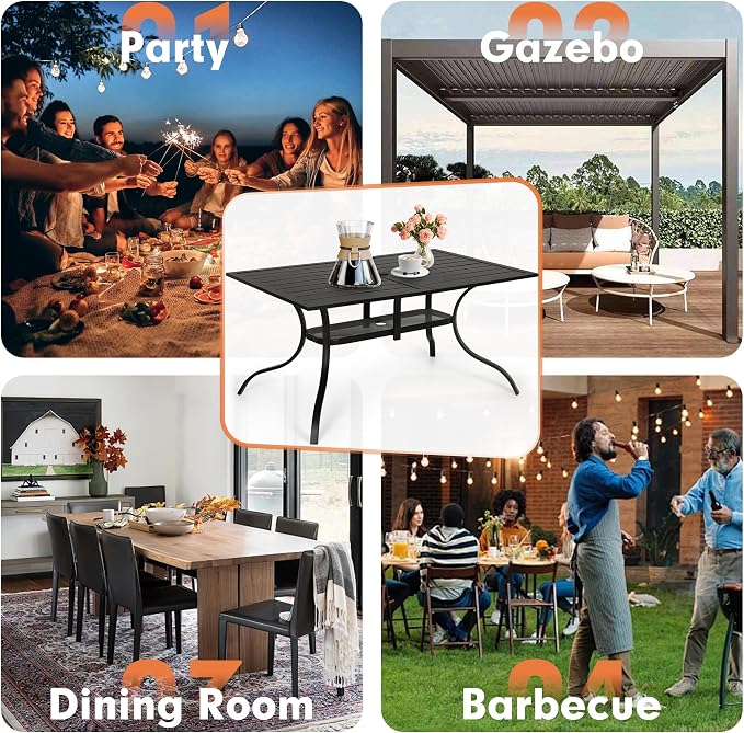 Crownland Outdoor Patio Dining Table, 60" x 37"Rectangle Metal Patio Table with 1.57" Umbrella Hole, Outdoor Furniture Dining Table for 6-8 Person, for Backyard, Garden, Classic Black