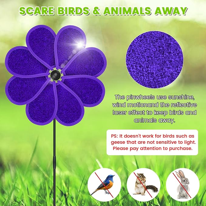 4PCS 11.4" W x 28" H Reflective Pinwheels Sparkly Lawn Wind Spinners Colorful Rainbow Windmill for Garden Decoration Bird Devices Deterrent to Scare Birds Away（Purple）