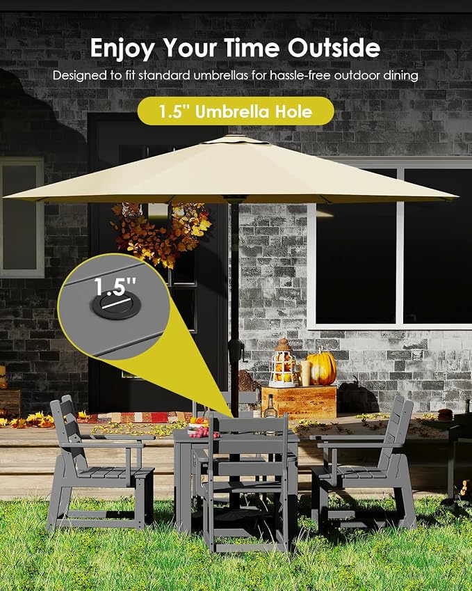GREENVINES 5-Piece-Outdoor-Dining-Set | HDPE | Square | Patio Furniture | Table and Chairs Sets for 4 | All Weather | Removable Armrests | Umbrella Hole | for Backyard Poolside Garden | Grey