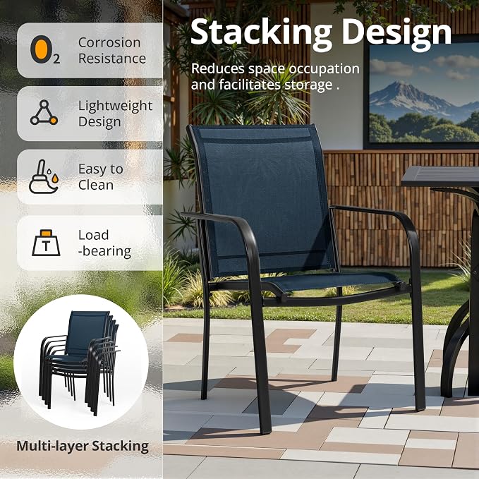 SUNCROWN 7 - Piece Outdoor Dining Set, Patio Furniture Set with 6 x Textilene Dinning Chairs and 53" Metal Round Table with Umbrella Hole for Lawn Garden Backyard Deck, Blue
