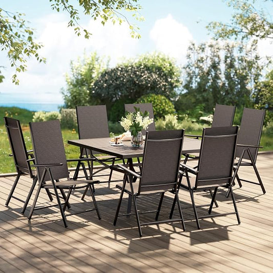 PHI VILLA Outdoor Dining Set for 8 w/Square Table & Folding Chairs, Black | Light-weight & space-saving, Breathable & quick-drying, Metal Table, Umbrella Hole, Weather-Resistant, Adjustable, Patio deck