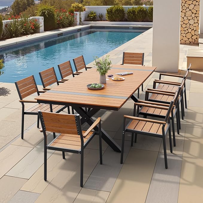 Pellebant 94" Outdoor Dining Table for 8-10, 8ft Aluminum Patio Table with Umbrella Hole, Weather Resistant Teak Wood Grain Tabletop and Sturdy Frame for Deck, Porch, Backyard