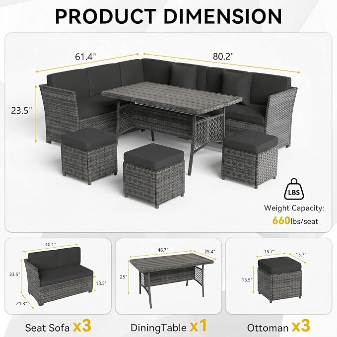Patio Furniture Set, 7 Pieces Outdoor Dining Sets, All Weather Rattan Conversation Set, Outdoor Dining Sectional Sofa with Large Dining Table, Ottoman (Grey-Drak Grey, A-7 Pieces)