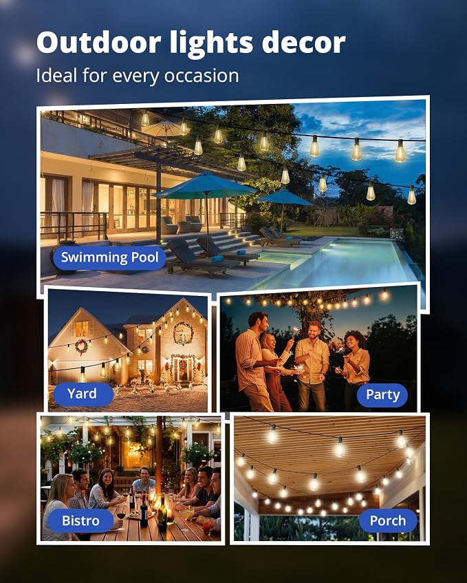 Outdoor String Lights 50FT, Patio Lights Outdoor Waterproof with 27 Bulbs | Shatterproof,Edison Outside Lights,Plug-In,2700K Dimmable, Connectable, Hanging Light for Porch Garden Backyard Deck Balcony