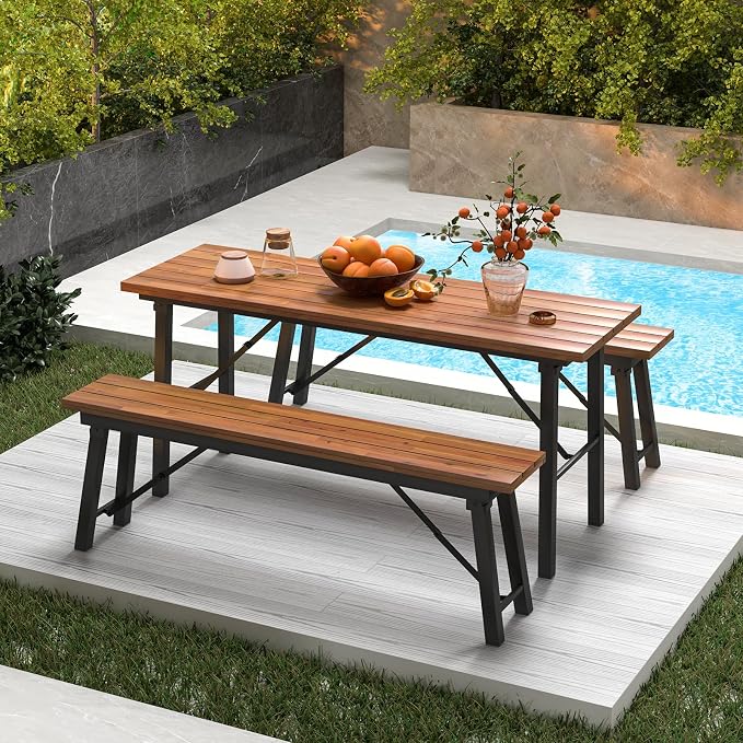 HAPPYGRILL Folding Picnic Table Bench Set, Acacia Wood Dining Table Bench w/Metal Frame, Portable Camping BBQ Table Bench, Rectangular Dining Table for Indoor Outdoor Activities Garden Yard Patio