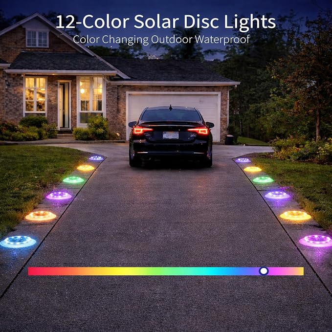 Solar Driveway Lights, 48 LEDs Deck Disc Light, RGB-W, 2Pk | 48 LEDs, Flat Low Profile, Outdoor Waterproof, Car Weight Bearing, Sundeck, Dock, Pool, Path, Sidewalk, 12-Color Changing