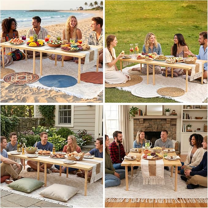 Upgraded Large Low Wooden Folding Picnic Table with 8-Legs, Thick Varnished Tabletop, 60"×30" Portable Boho Beach Table with Table Runner for Yard, Indoor & Outdoor, Camping (Diagonal)