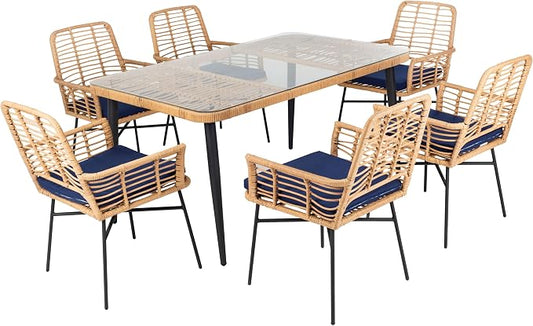 SAFAVIEH Outdoor Collection Beson Brown/Navy 7-Piece Dining Set PAT9010B-3BX