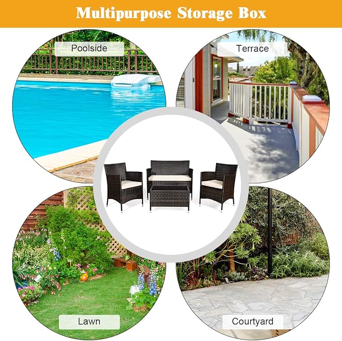 8 Pieces Patio Sofa Set, Wicker Conversation Set with Ergonomic Curved Backrest, Water-Resistant Cushion & Tempered Glass Table for Balcony, Porch (Brown)