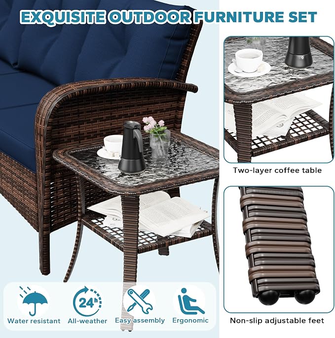 7 Pieces Patio Set, 73" PE Rattan Sofa, Coffee Table, Wicker Swivel Glider Chairs, Outdoor Conversation Furniture with Removble Cushion, Loveseat Couch for Porch, Sunroom (Navy Blue)