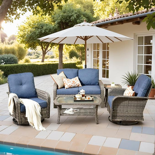 5 Pieces Outdoor Patio Furniture Set with Coffee Table, All Weather Wicker Patio Conversation Sets with Rocking Chairs, Balcony Furniture Sets for Backyard, Garden, Poolside, Denim Blue