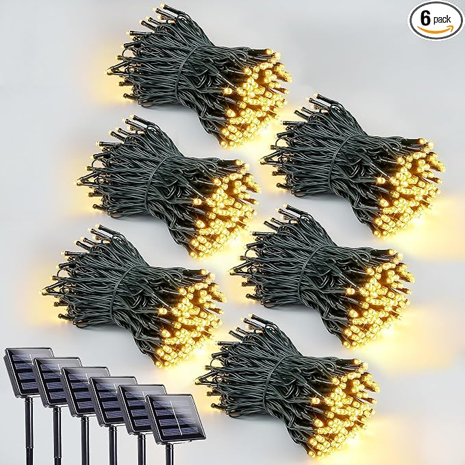 Solar String Lights Outdoor 6 Pack 600 LED Solar Christmas Light Warm White | 8 Lighting Modes, Memory Function, Auto On/Off, 198FT Waterproof Twinkle Lights for Outside Garden Yard Party Xmas Tree Decor
