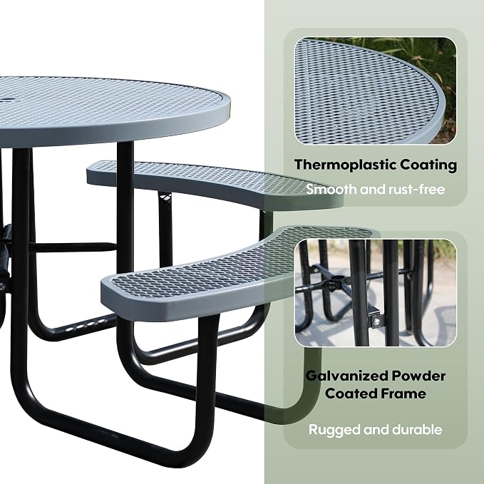 46" Round Picnic Tables for Outdoors,Commercial Metal Picnic Table Bench Set W/ Umbrella Hole,Restaurant School Canteen Tables W/Seats - Heavy Duty Sturdy Picnic Tables for Patio Garden Coffee Shop