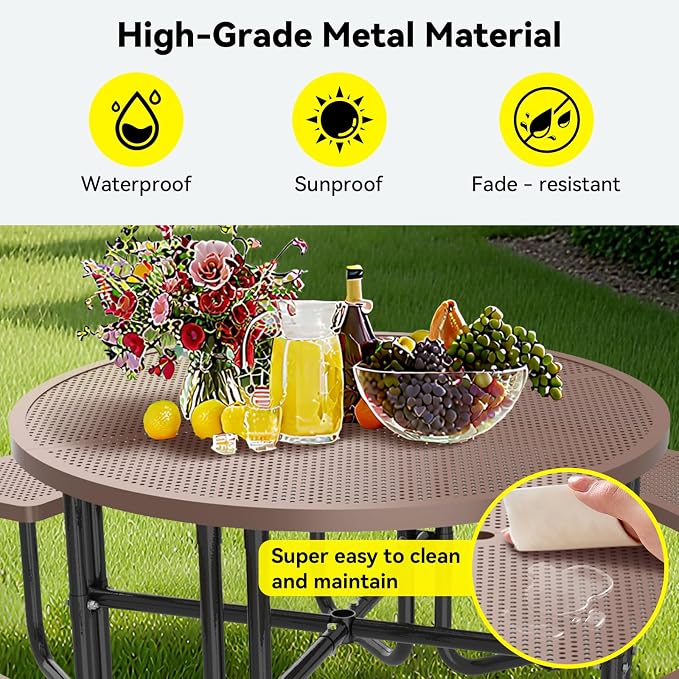 46" Round Metal Picnic Table with Umbrella Hole, Heavy Duty Stainless Steel Outdoor Table, Portable Patio Dining Table for Backyard Garden Picnic (Coffee -Round)