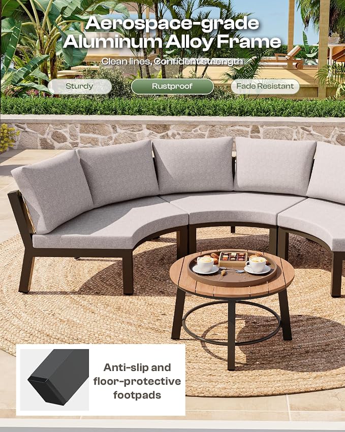 Outdoor Aluminum Round Coffee Table, All-Weather Patio Coffee Tables for Outside with PS Wood-Like Table Top, Modular Coffee Table for Backyard, Balcony, Deck, Yard, Graphite