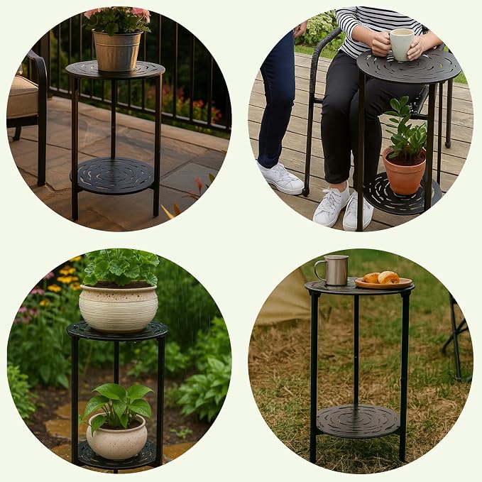 2-Tier Metal Round Side Table Black Accent Coffee Tables Small Space Corner Plant Stand Shelf for Indoor Outdoor Use Patio Balcony End Table Laser-Cut Floral Pattern Weather-Resistant