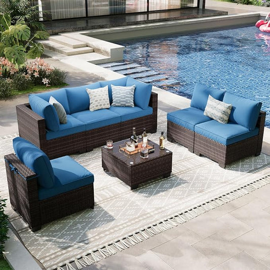 7 Piece Outdoor Patio Furniture Set, All Weather Pe Rattan Wicker Modular Patio Sofa Conversation Sets Sectional with High Backrest Support and Wide Armrest for Backyard, Balcony, Deck, Porch