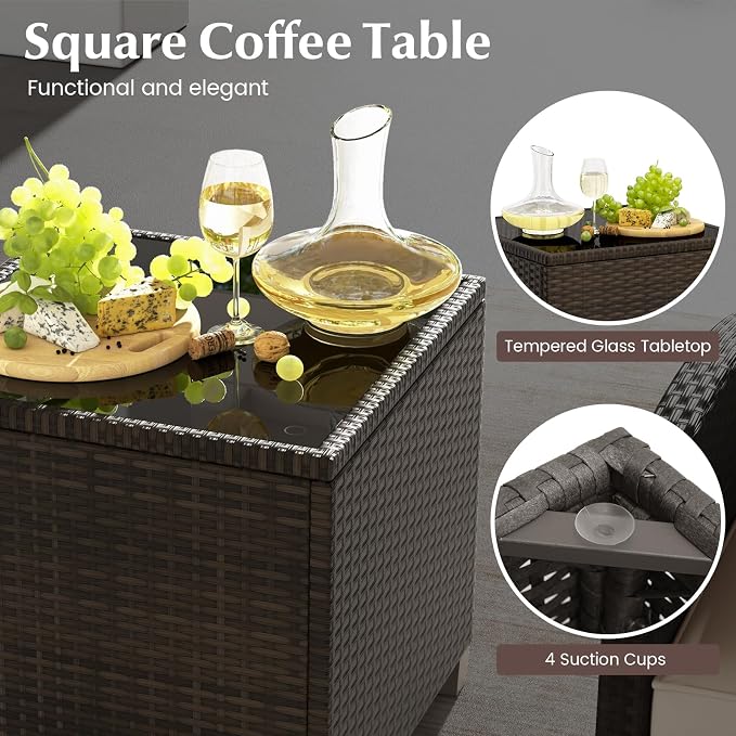 COSTWAY 5-Piece Rattan Conversation Set, Outdoor Wicker Sofa, Tempered Glass Coffee Table & Ottomans for Small Space, Boho Chic Indoor/Outdoor Furniture Set for Poolside, Backyard, Deck (Beige)