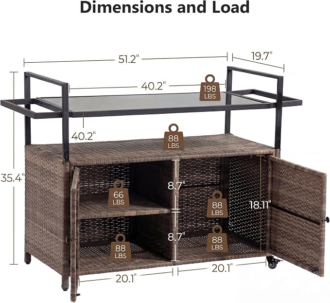 51.2" Wicker Outdoor Bar Cart - Black Patio Console Storage Table Buffet Cabinet Serving Kitchen Cart with Wheels for Outside Backyard