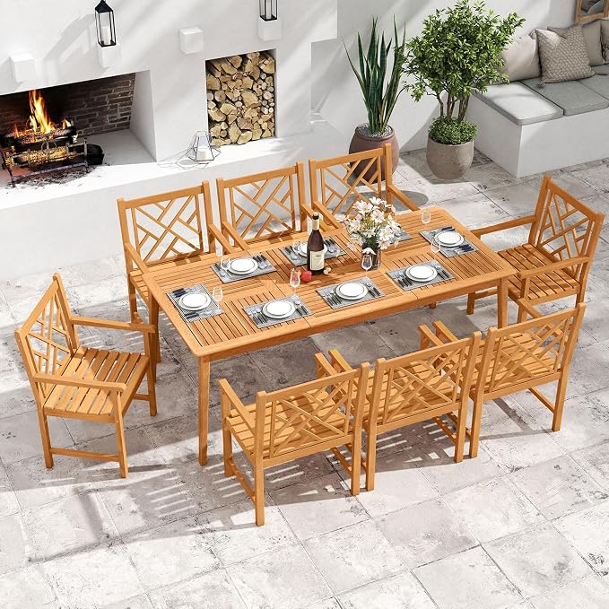 RELAX4LIFE Wooden Outdoor Dining Table for 8, 80" Rectangular Acacia Wood Slatted Patio Table w/Umbrella Hole, Indoor Outdoor Bistro Table for Backyard Porch Garden Deck, 8-Person Patio Dining Table
