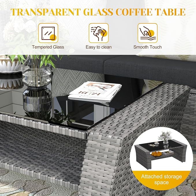 FansaFurn 4-Piece Outdoor Patio Furniture Set, All Weather Wicker Rattan Sectional Sofa Conversation Seating Set with Cushions & Large Glass Coffee Table, Ideal for Garden Backyard Porch, Dark Grey