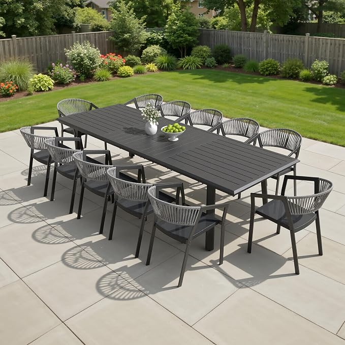13-Piece Aluminum Outdoor Patio Dining Set with 12 Stackable Wicker Chairs | 116" Rectangular Outdoor Dining Table Weather Resistant Grey Barrel Chairs for Backyard, Deck, Poolside