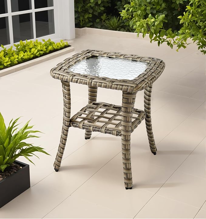 ovios Outdoor Side Table with Tempered Glass Top, Patio Wicker Rattan Bistro Coffee Tables with 2 Tiers Storage for Porch Deck Balcony Garden Poolside, Mixed Brown