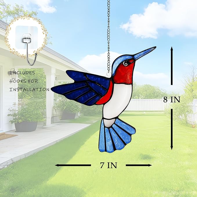 Hummingbirds Suncatcher Stained Glass, Hummingbird Suncatcher Ornament, Hummingbird Suncatcher for Grandma/Mom/Women (Blue)