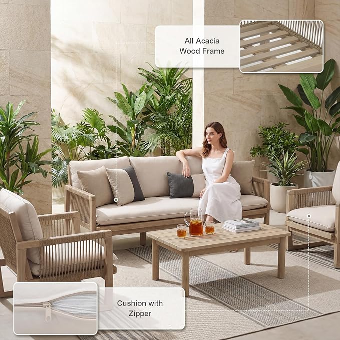 SUNSITT 4-Piece Acacia Wood Patio Furniture Set, Outdoor Conversation Sofa Set with 3-Seat Sofa, 2 Rope Woven Outdoor Club Chairs & Slatted Coffee Table, Cream White Cushions for Porch, Backyard, Deck