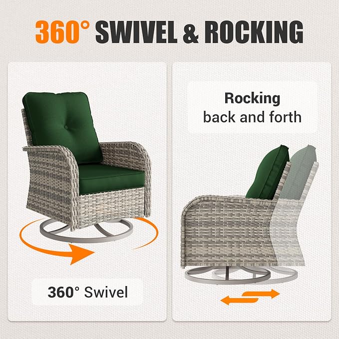 Outdoor Patio Furniture Set Patio Rocking Swivel Chair with Tempered Glass Side Table, Outdoor Wicker Rattan Bistro Set with Ottomans for Garden, Deck, and Balcony, Green