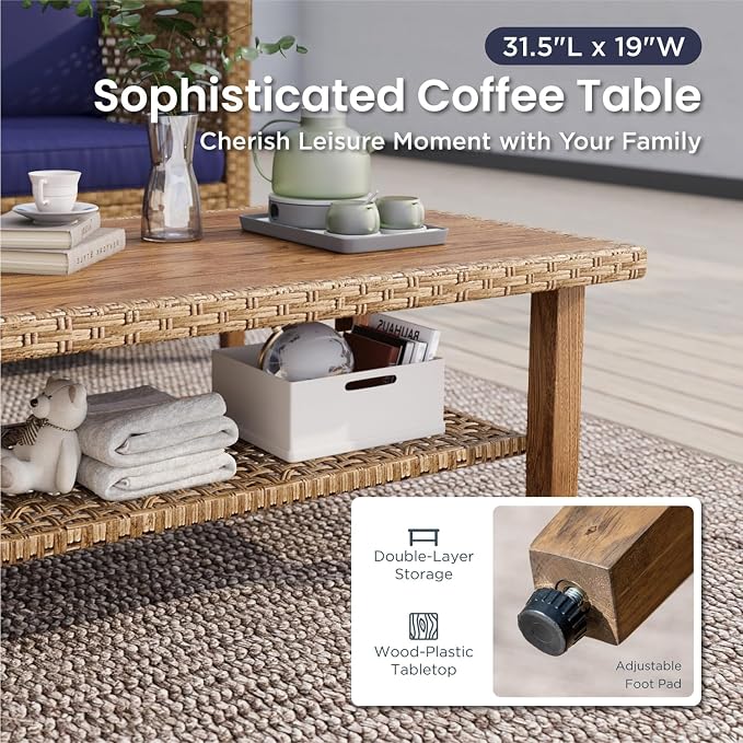 PHI VILLA Wicker Patio Furniture Set, Rattan Patio Sectional Sofa Outdoor Couch Set with Acacia Wood Coffee Table, 7 Pieces U-Shaped Patio Conversation Set for Backyard Porch, Navy Blue Cushion