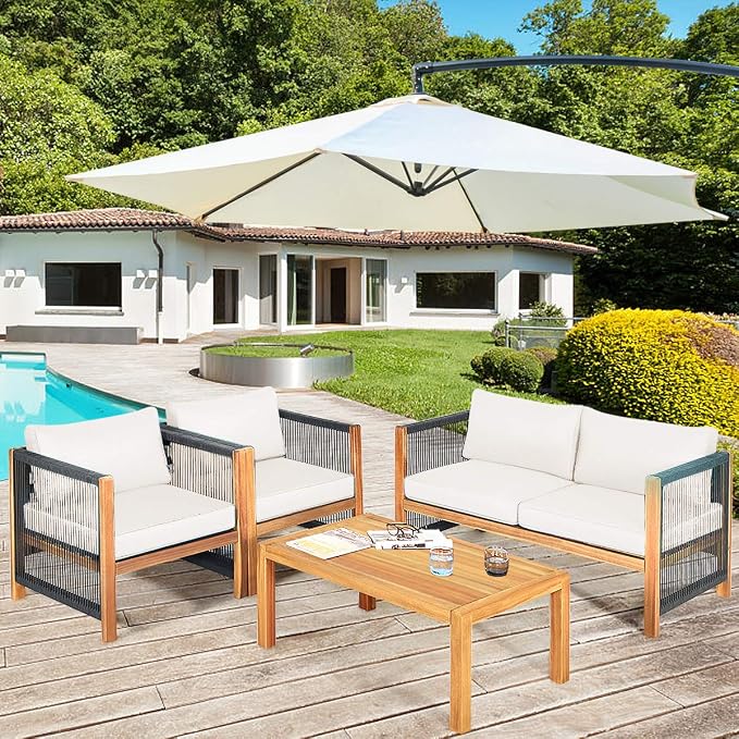 Tangkula Outdoor Wood Furniture Set with 2 Set Cushion Covers, 4 Pieces Cushioned Patio Conversation Set, for Garden Balcony Poolside Outdoor Living (1, WH-TU)
