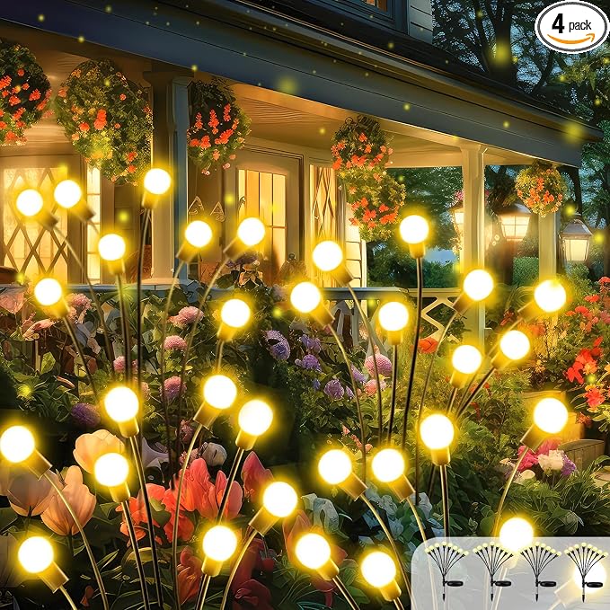 4 Pack Solar Garden Lights, 32 LED Firefly Lights Solar Outdoor Waterproof | 2 Lighting Modes, Sway with Wind, Solar lights Outdoor for Garden Yard Patio Pathway Holiday Decorations, Warm White