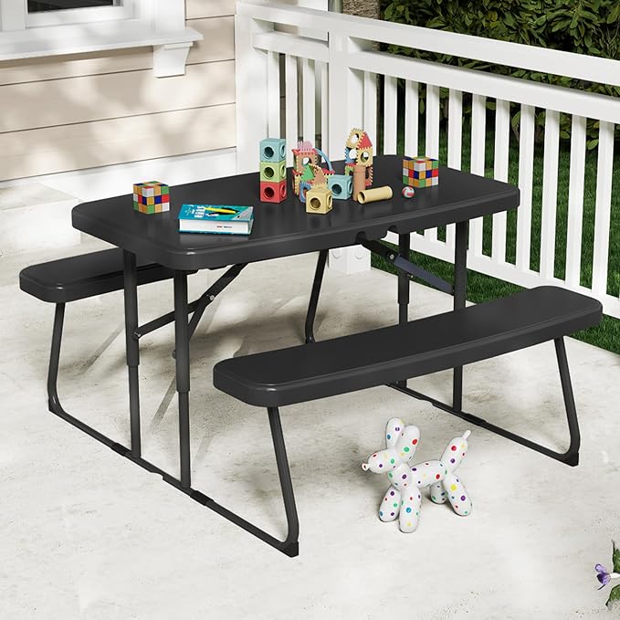 DWVO 37" Picnic Table, Folding Picnic Tables for Outdoors with Weather Resistant Resin Tabletop & Stable Steel Frame for Yard Patio Lawn Party, Black