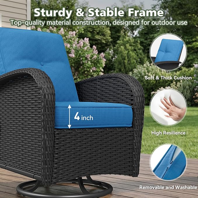Aoxun 3 Piece Outdoor Patio Furniture Set with Side Table, Outdoor Patio Furniture Sets with High Back Swivel Rocker Chairs, Outdoor Sofa Set with Ottoman for Backyard & Garden, Peacock Blue
