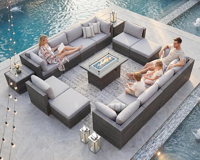 NICESOUL 15 Piece Outdoor Furniture with Fire Pit, Gray Wicker Patio Sectional with Fire Pit Table, Modular 29.3" Highback Large Size Sectional Sofa for Outside Pool Backyard, Light Gray