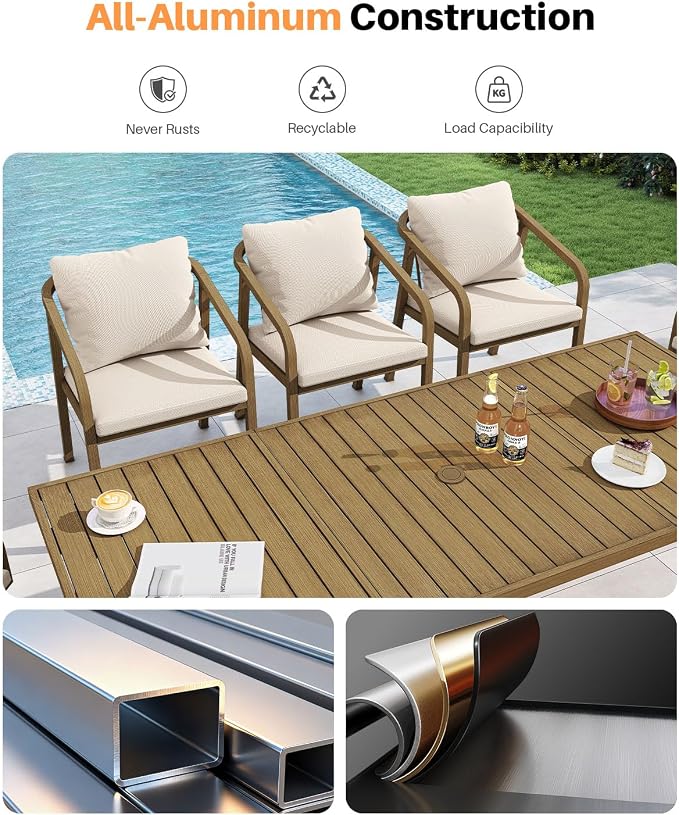 Swivel Outdoor Chairs Set of 2, Patio Dining Chairs with Removable Cushions, Never-Rust Aluminum Outdoor Dining Chairs with Wraparound Backrest and Armrest for Poolside, Deck, Backyard, Teak