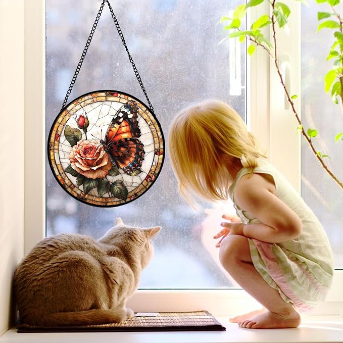 DASTOLL Stained Glass Window Hanging, Butterfly Picking Flowers Suncatcher for Doors Home Sun Catchers Decoration and Christmas, Mother's Day Birthday Gifts for Women, Men, and Mom 6.3 in