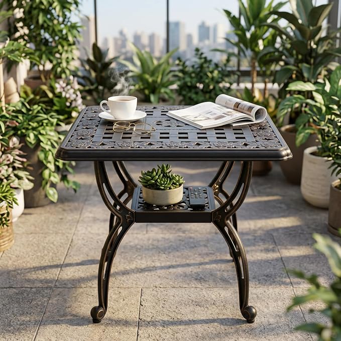 Square Outdoor Coffee Table Set of 2, Cast Aluminum Side Table with Storage,Indoor End Table, All-Weather Bistro Table for Patio Garden Lawn, Bronze