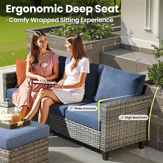 ovios 6 Pieces Patio Furniture Set with Fire Pit Table, Outdoor Wicker 3-Seat Sofa with Comfy Cushion, High Back Rattan Conversation Set for Deck Porch, Denim Blue