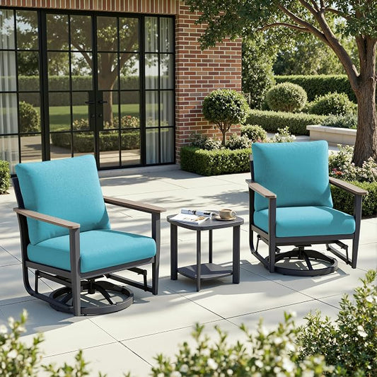 3-Piece Patio Rocking Swivel Chair Outdoor Aluminum Bistro Set with Coffee Table, Outdoor Patio Furniture Set with High Backrest & Thickened Cushions for Garden, Deck and Balcony, Turquoise