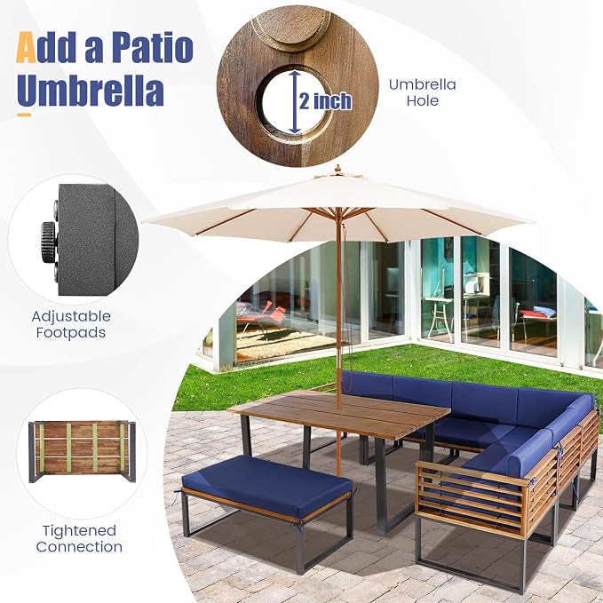 Tangkula Patio Dining Set for 8, Acacia Wood Heavy Duty L Shaped Outdoor Sectional Sofa Set with Soft Padded Cushions, for Backyard Poolside Deck Garden (Navy Blue)