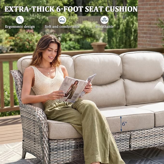 Luxury Swivel Rocker Chairs Fire Pit Set with 6" Thick Cushion 9 piece Wicker Outdoor Patio Chair with Sofa and Side Table,Comfortable High Back Outdoor Patio Furniture Set - Gery | Beige
