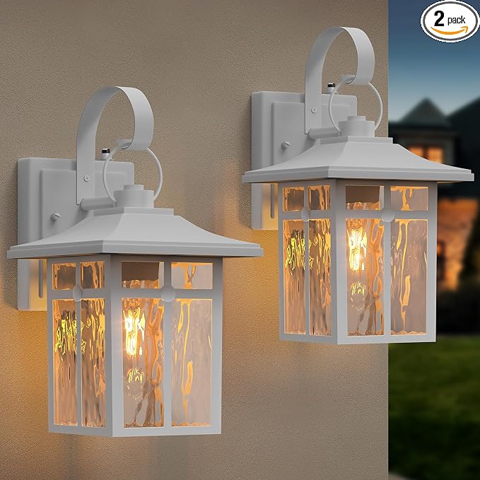 Dusk to Dawn Outdoor Wall Lights, Aluminum, White, 2 Pack | Ripple Glass, Modern Porch Lights, Exterior Sconce, For Entryway, Garage, Patio